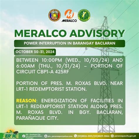 Meralco to implement power service interruption in Barangay .